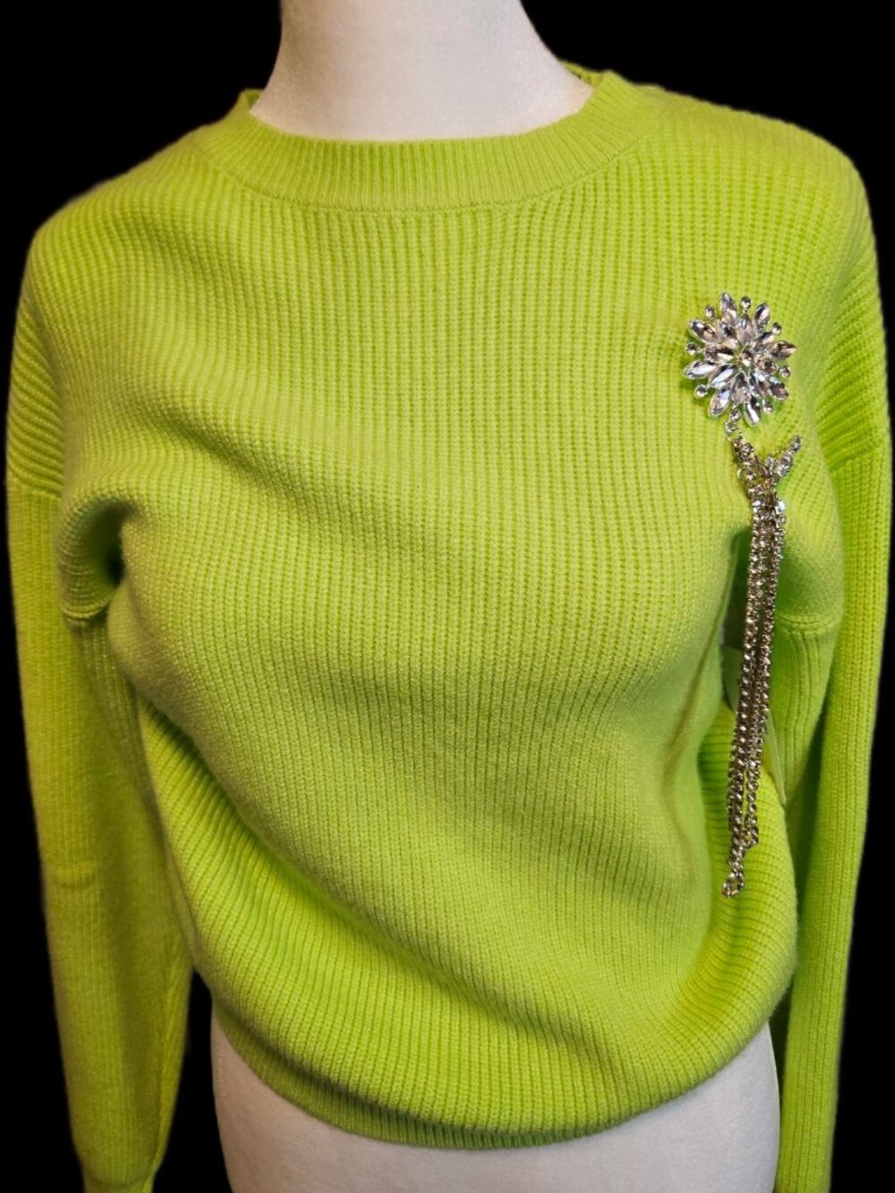 Size S Twelfth Lime Green Knit Sweater Rhinestone Brooch NWT